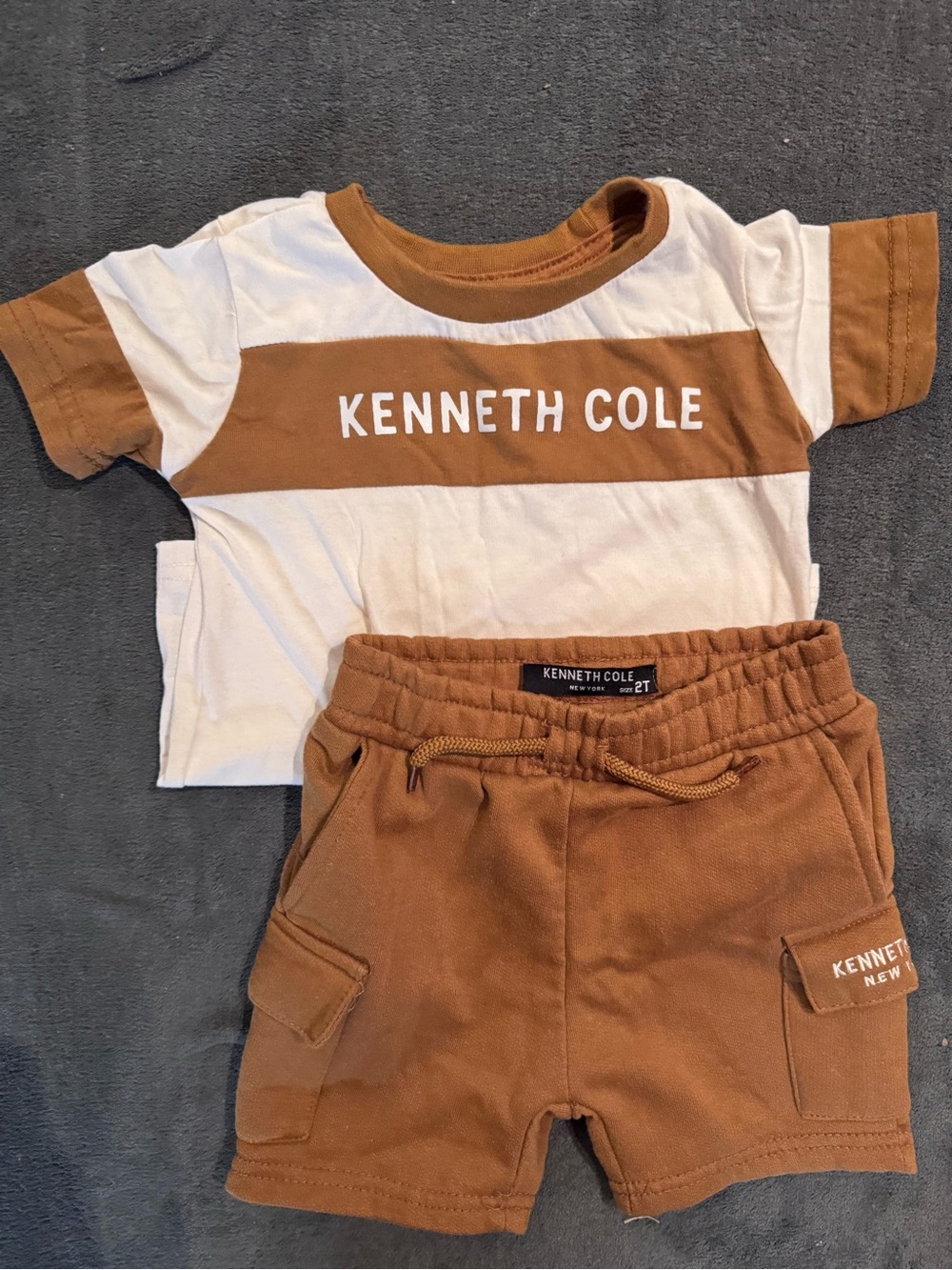 Kenneth Cole White & Brown Colorblock Logo Tee and Brown Shorts